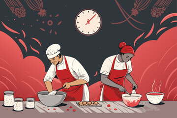 Intense bakers in a baking competition.