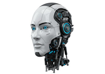 Isolated Futuristic Robot Head with Glowing Blue Accents