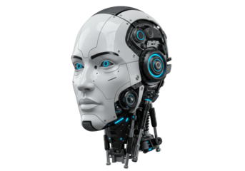 Isolated Futuristic Robot Head with Glowing Blue Accents
