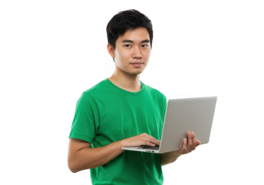 Young asian man is holding a laptop computer while standing on a transparent background