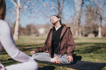A woman sits cross-legged in a park enjoying mindfulness and relaxation exercises. The serene...