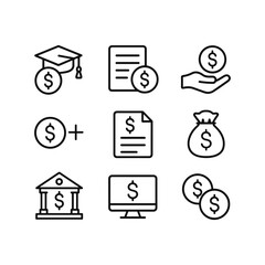 Financial aid vector icons set. Outline symbols. Line design