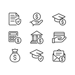Financial assistance icons collection. Outline symbols. Line design