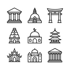 Fototapeta premium Worship place icons collection. Outline symbols. Line design
