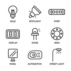 LED light vector icons collection. Outline symbols. Line design