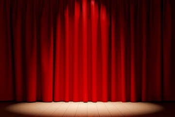 empty stage  with red velvet curtains and wooden platform illuminated with spotlight and various decorations in red fabric. 3d render
