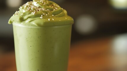 A creamy avocado and spinach smoothie, in a health-focused kitchen setting with room for text 