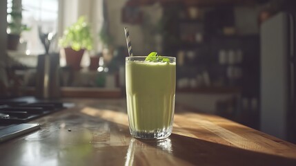 A creamy avocado and spinach smoothie, in a health-focused kitchen setting with room for text 