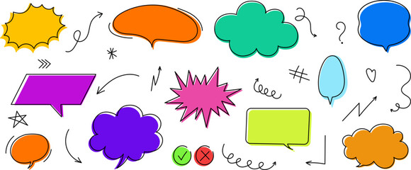 Colorful speech bubbles and hand-drawn doodle elements. Great for comics, kids' design, social media posts. Vector EPS 10
