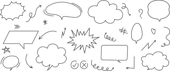 Hand-drawn speech bubbles, arrows, symbols and doodles. Perfect for comics, social media, annotations, notes and playful design projects. Vector EPS 10