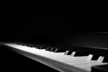 Close up of Piano keyboard. Soft light on piano keys, Classic music template, copy space. sensitive focus, 3d render

