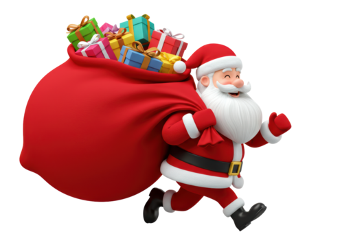 Isolated Santa Claus Running with Overflowing Gift Sack