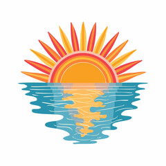 Retro groovy sunset with colorful water reflection. 60s and 70s vibes psychedelic vector clipart. Cartoon hippie sun. Vintage boho illustration. Abstract trippy ...