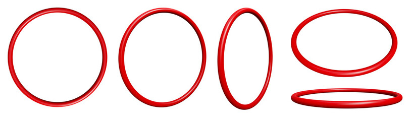 Set of red rings isolated on white background, 3d render