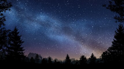 Silhouetted trees frame a night sky filled with a brilliant Milky Way galaxy, stars, and a subtle, purplish twilight horizon