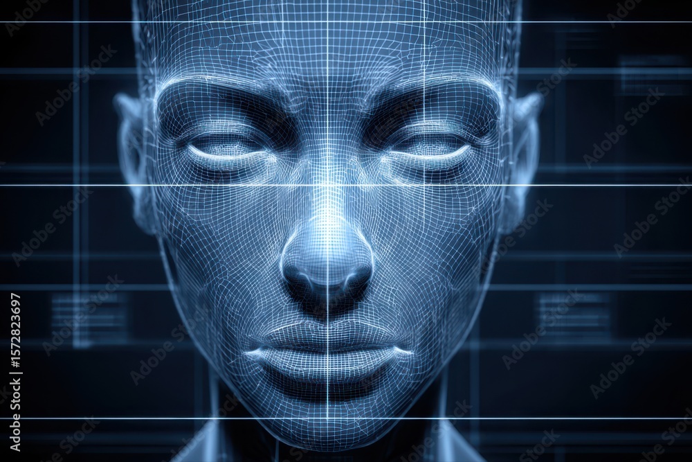 Poster a close-up of a woman's face with a futuristic grid pattern overlay, representing biometric scanning