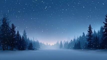 Snow-covered forest under a clear, starry night sky with dark silhouettes of trees.