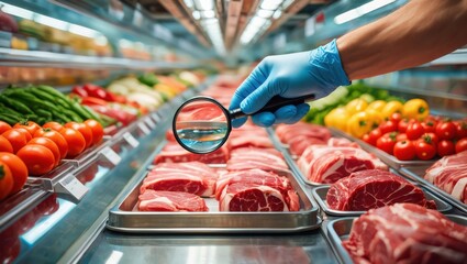 Butcher inspecting raw meat cuts in a refrigerated display case with a magnifying glass