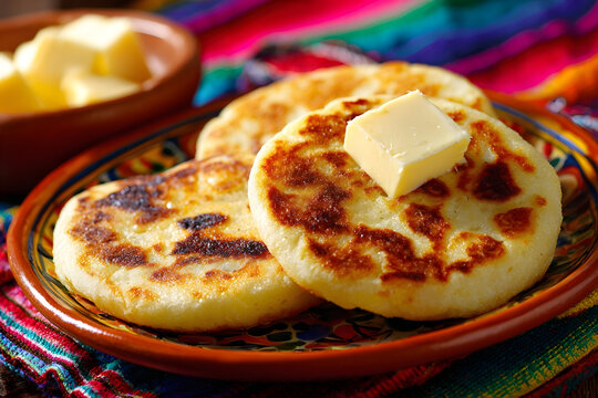 Golden arepas topped with butter, set against a vibrant, colorful background.