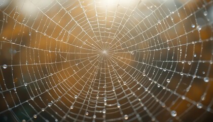 Obraz premium Intricate spider web covered in sparkling dew drops on a warm autumn morning