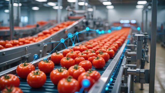 Automated tomato sorting and processing line with digital network overlay