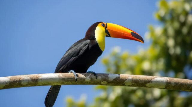 Striking Ramphastos toco perched on branch against blue sky, vibrant tropical bird.