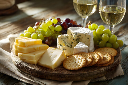 An elegant cheese board with grapes, crackers, and two glasses of white wine. - Powered by Adobe
