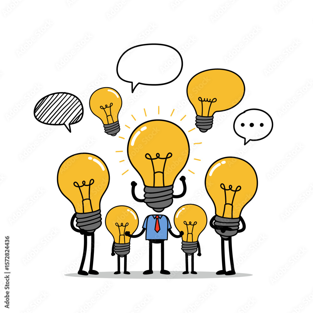 Poster lightbulbheaded figures and speech bubbles surround a lightbulbheaded manager