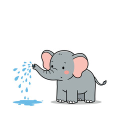 Gray cartoon elephant sprays water from trunk