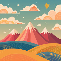 Retro groovy colorful mountains and clouds. 60s and 70s vibes psychedelic vector clipart. Cartoon hippie landscape. Vintage boho illustration. Abstract trippy ...