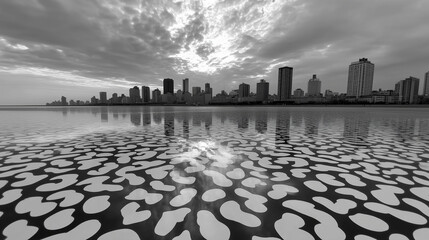 Black and white city skyline with dramatic clouds, abstract water reflections, and organic patterns on a calm river.
