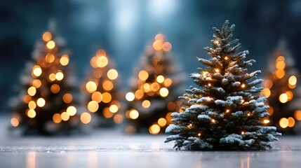 Small decorated Christmas tree with warm lights softly glowing against a dark background.
