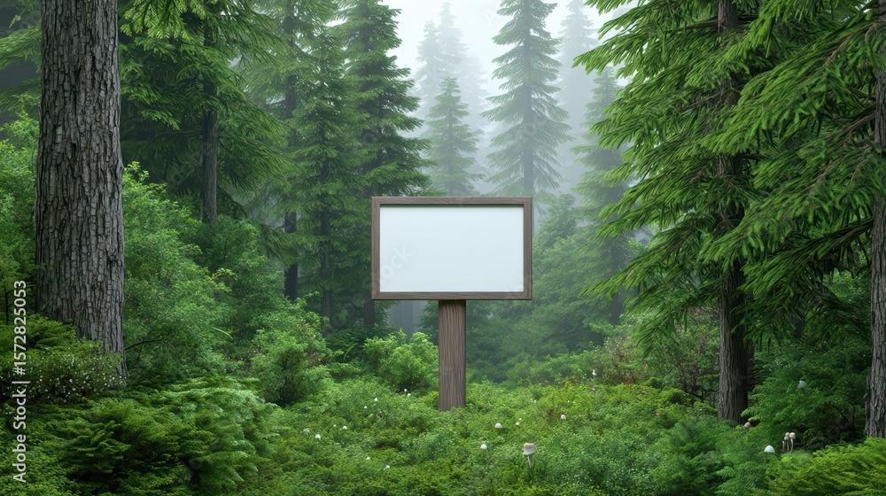 Poster empty billboard surrounded by lush green forest with tall trees and mist in the background for adver