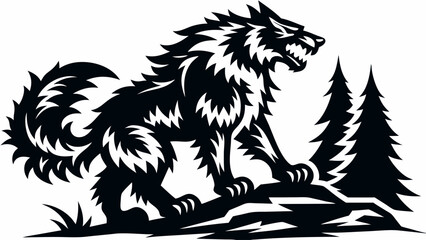 Obraz premium Wild Aggressive Wolf Vector Art on Mountain with Trees