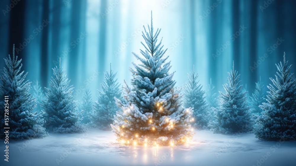 Poster illuminated christmas tree glowing in a snowy forest at dusk with soft evening light and frosted tre