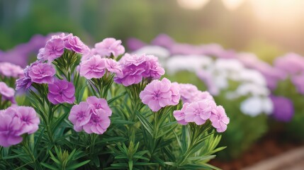 Obraz premium Lush Garden Blossoms with Vibrant Pink Flowers in Soft Morning Light