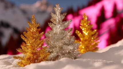 Two small snow-covered trees stand against a soft pink gradient background, minimalistic winter scene.