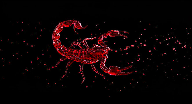 Scorpio zodiac sign as a scorpion made of red glass or liquid, with splashes. Abstract representing passion, danger, and mystery, isolated on a black background with copy space