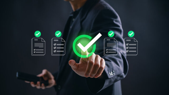 Digital checklist and approval workflow showing business document validation and task tracking system for decision making, process optimization, and quality verification with high efficiency