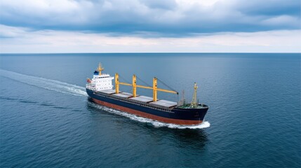Fototapeta premium Cargo ship sailing on calm ocean waters under a cloudy sky, showcasing maritime transport and trade logistics