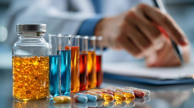 Medical consultation showing various medications, super clear focus on topical treatments, prescription bottles and medical records, perfect for allergy clinic marketing or pharmaceutical advertising