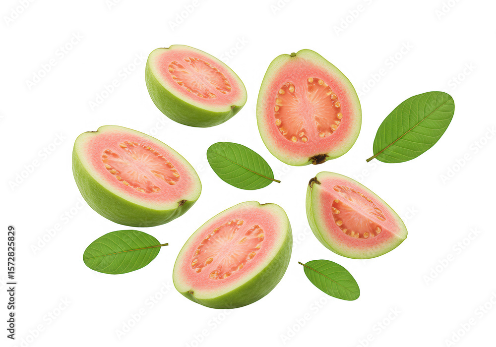 Poster several guava halves and leaves are arranged on a transparent background, creating a vibrant and fre