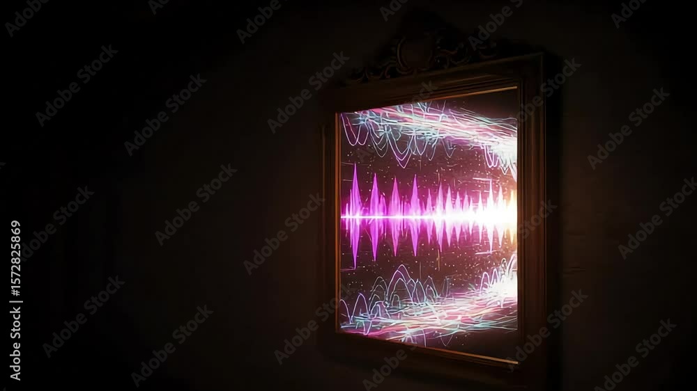 Poster abstract representation of sound waves reflected in an ornate mirror with colorful patterns