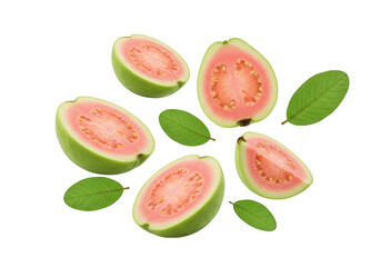 Several guava halves and leaves are arranged on a transparent background, creating a vibrant and fresh composition