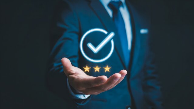 Satisfied client holds check mark and stars symbolizing exceptional quality in dark corporate environment, showing positive feedback and customer review for excellent service