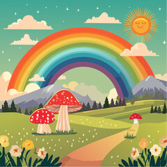 Colorful groovy rainbow and mushrooms illustration in 70s and 60s style. Vintage hippie landscape. Psychedelic seventies nature background. Vector graphic design.