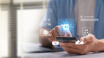 AI assistant on mobile device managing content generation for text, video, music, and image with...