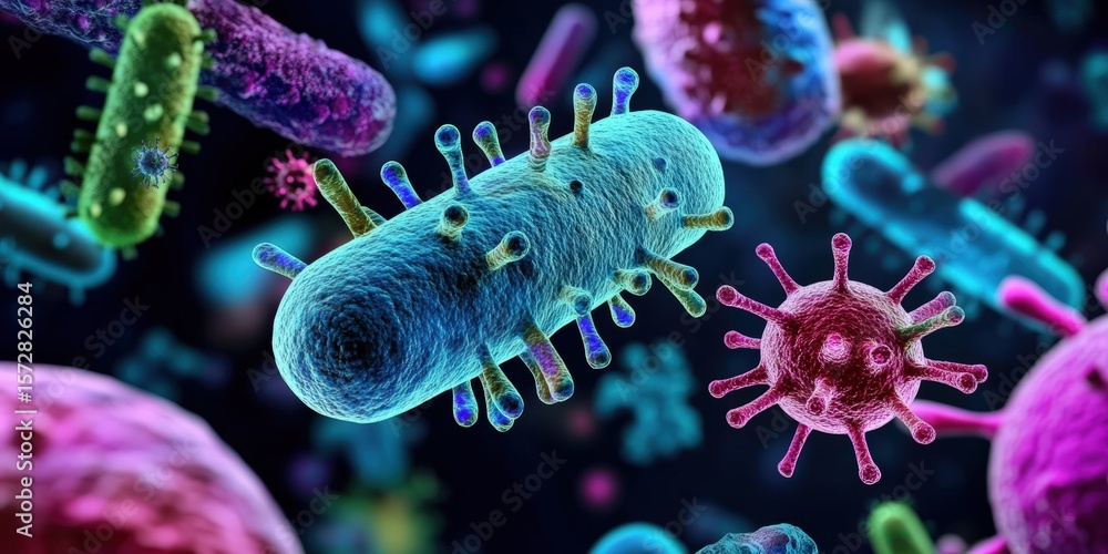 Poster a vivid 3d illustration of various bacteria and viruses showcasing microscopic pathogens with detail