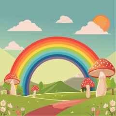 Colorful groovy rainbow and mushrooms illustration in 70s and 60s style. Vintage hippie landscape. Psychedelic seventies nature background. Vector graphic design.