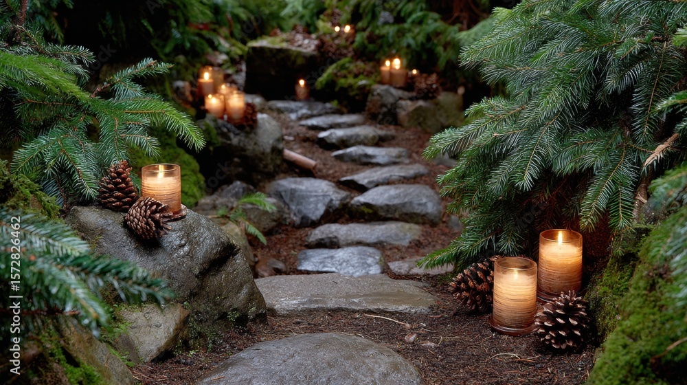 Poster lit candles line a forest path with pine cones scattered on the ground at dusk.